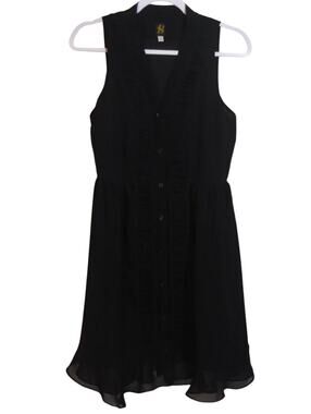 S+B Black Semi Sheer Sleeveless Button-Front Ruffle Dress LBD Vintage Size 2